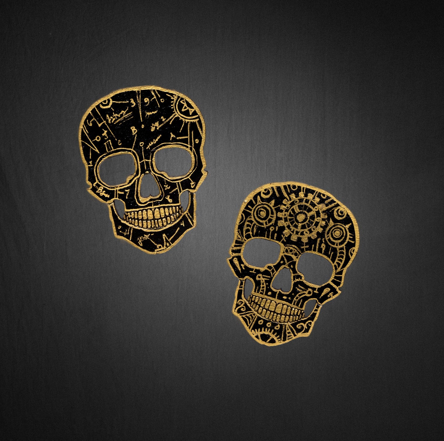 Skull Wood Magnet Set Of Two-Black & Gold-Anatomical Skull-Steampunk Skull-Hand Painted Wood Magnet-Gothic Home Decor-Gifts-Fridge Decor