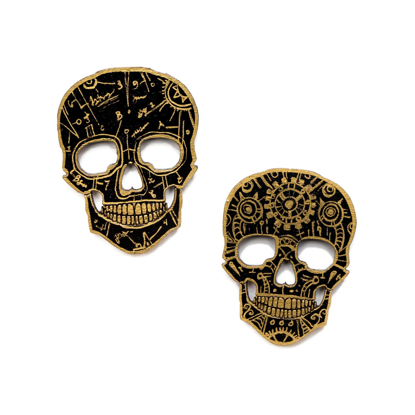 Skull Wood Magnet Set Of Two-Black & Gold-Anatomical Skull-Steampunk Skull-Hand Painted Wood Magnet-Gothic Home Decor-Gifts-Fridge Decor