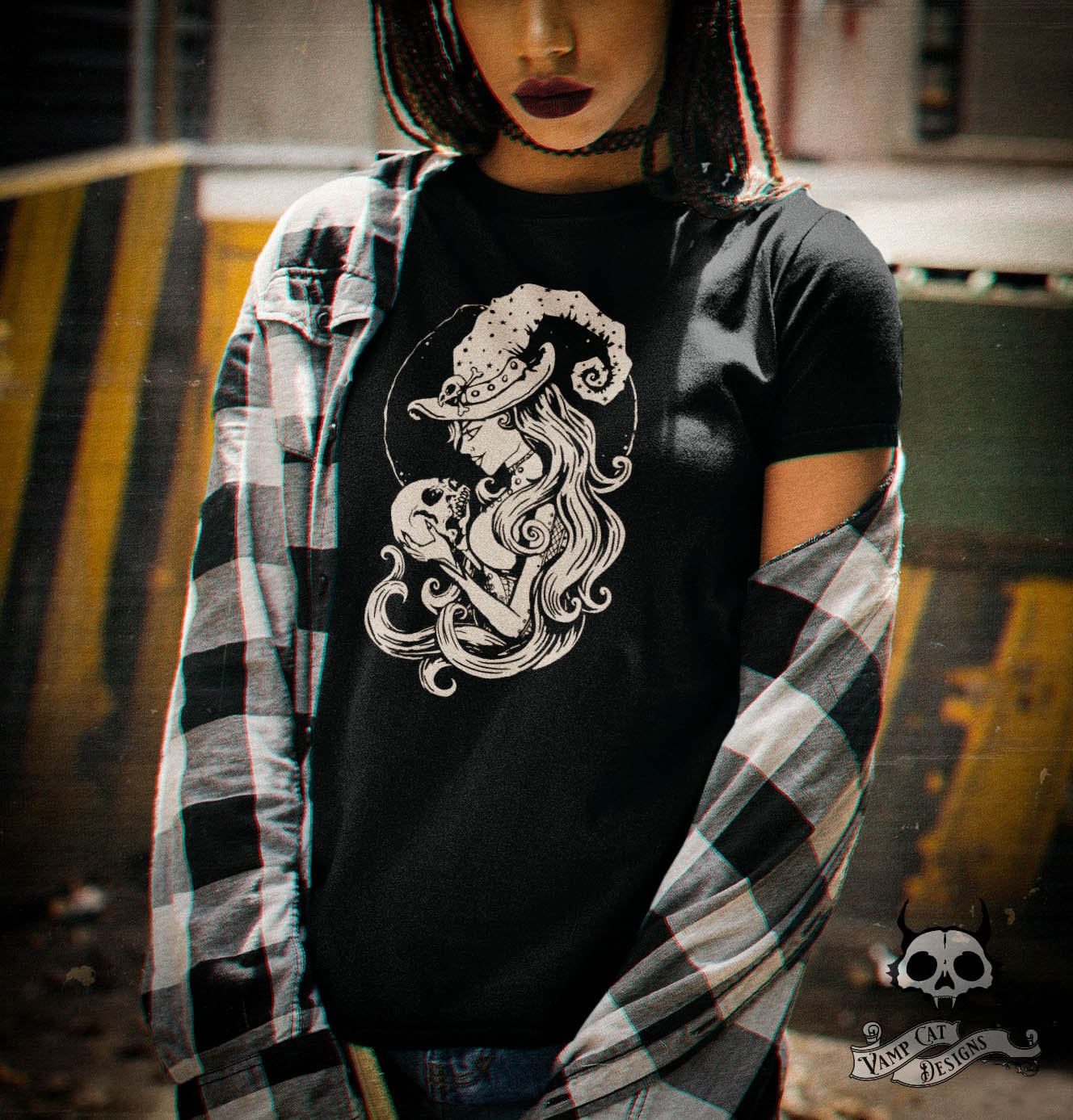 Skull Witch-Women's Tee-Illustration-Art T-shirt-Witchy Art-Gothic Clothing-Graphic Tee-Two Color Variations-Alternative Clothing-Skulls Art
