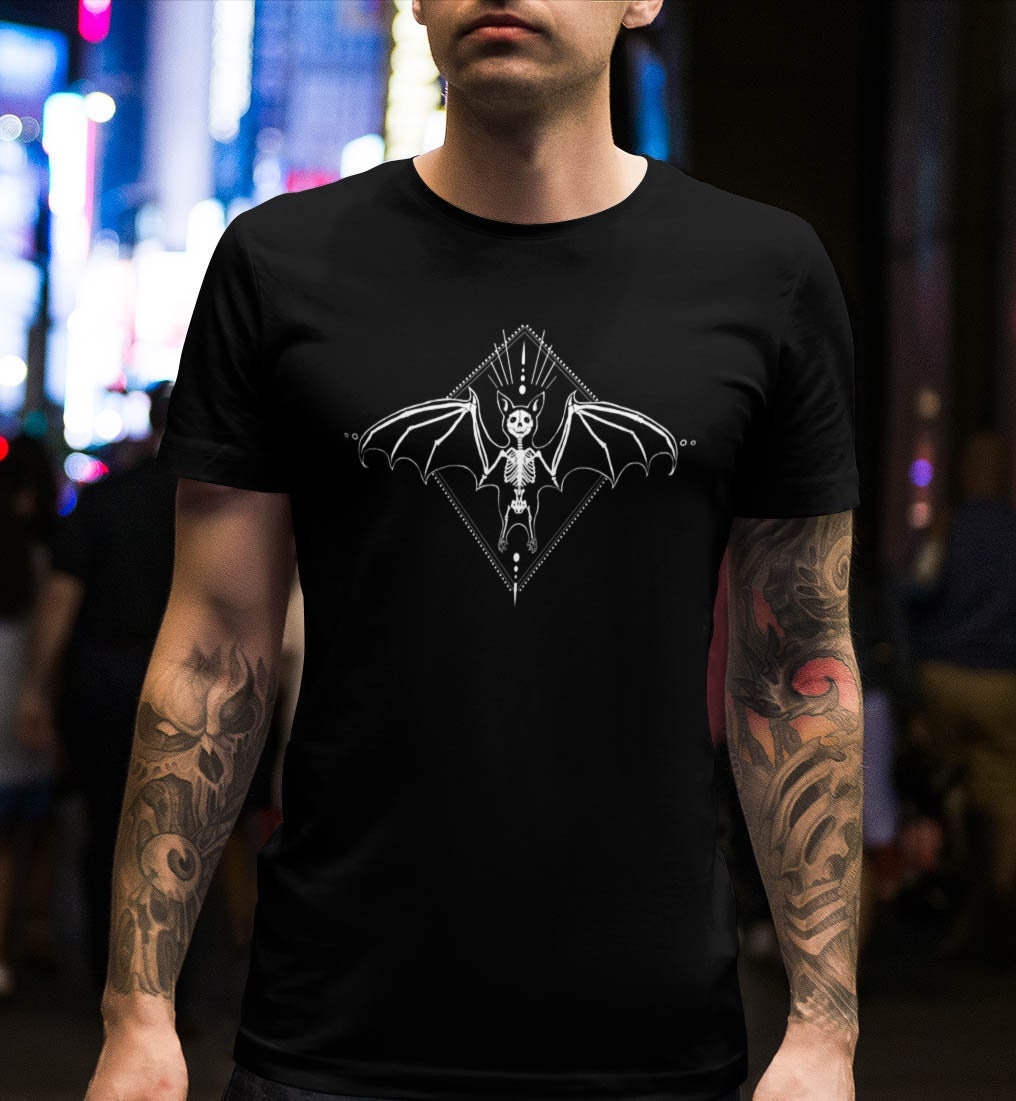 Skeleton Bat-T-Shirt-Gothic Clothing-Cryptic Art-Unisex Short Sleeve Tee-Skeleton Animals-Bats-Witchy Clothing-Graphic Tee-Winged Creatures