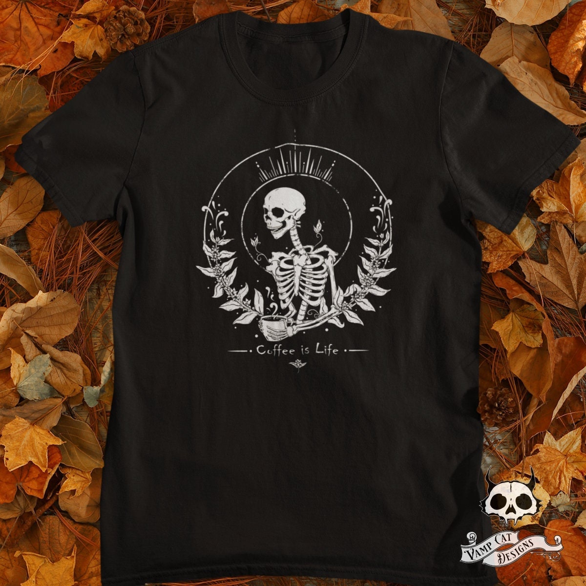 Coffee Is Life-Unisex Tee-Coffee Lovers Fan Art-Dark Apparel-Skeleton Tee-Men and Women's Tee-Gothic Tee-Skulls and Coffee-Coffee Art Gifts