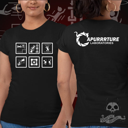 Portal Shirt Apurrrture Laboratories Women's T-Shirt-Portal Game Fan Art-Cat Lovers-Graphic Art Tees-Gamer Shirt-Soft Print-Cat Art Shirt