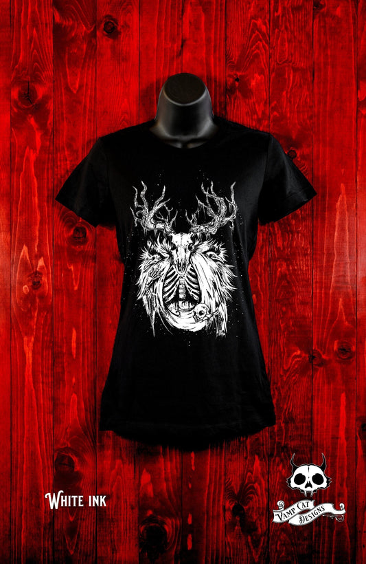 Necromancer-Women's Tee-Buck Skull-Illustration-Art T-shirt-Witchy-Dark Apparel-Occult Tees-Gothic Tee-Magic-Elks-Animal Skulls-Gothic Art