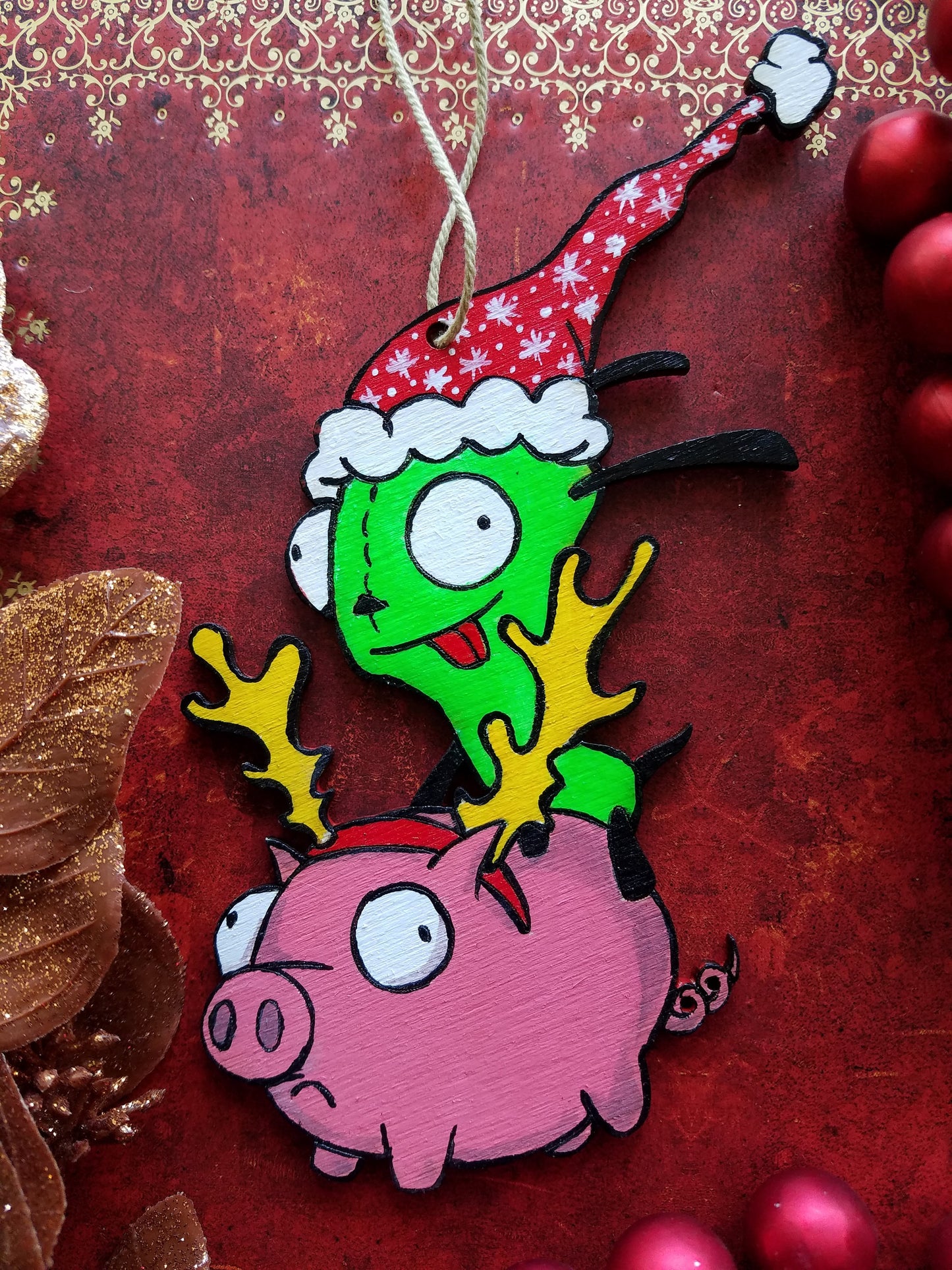 Gir And Piggy Hand Painted Wood Ornament-Fan Art Decor-Cartoon Collection Decor-Sci-Fi Ornaments-Hand Drawn Design-Creepmas Decor