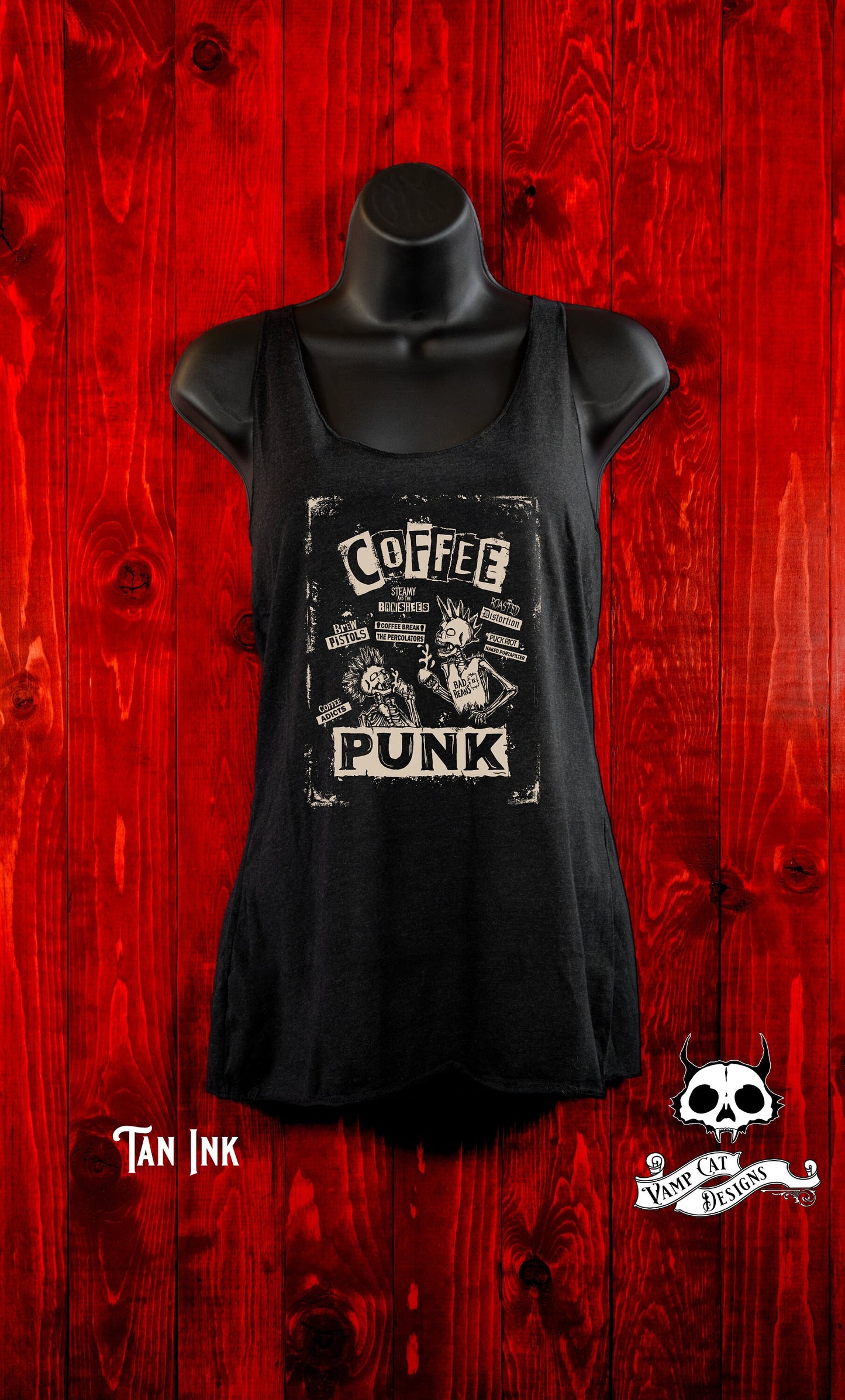 Coffee Punk Tank Top-Poster Style-Two color Options-Punk Rock Tee-Coffee Lovers Shirt-Band Puns Tee-Coffee Puns-Skeletons And Coffee Shirt