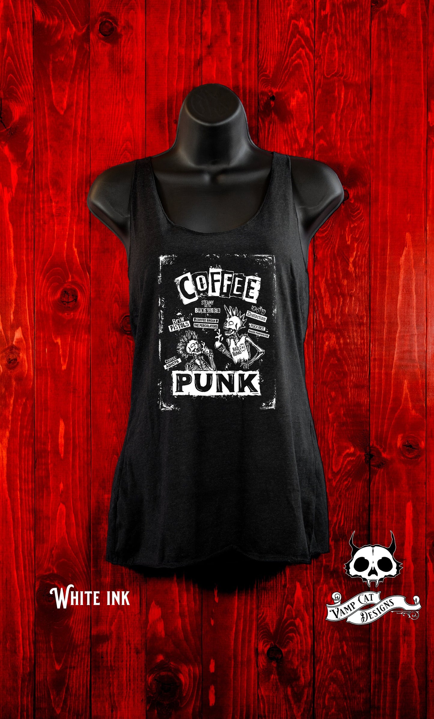 Coffee Punk Tank Top-Poster Style-Two color Options-Punk Rock Tee-Coffee Lovers Shirt-Band Puns Tee-Coffee Puns-Skeletons And Coffee Shirt
